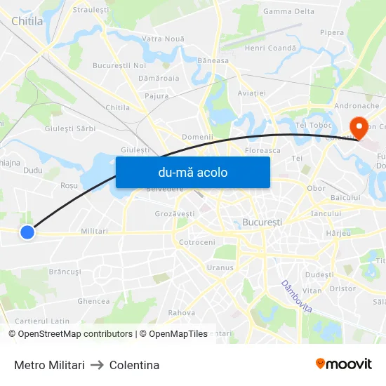 Harta de Metro Militari către Colentina