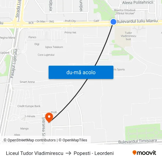 Harta de Liceul Tudor Vladimirescu către Popesti - Leordeni