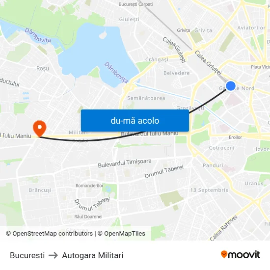 Harta de Bucuresti către Autogara Militari