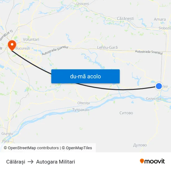 Harta de Călărași către Autogara Militari