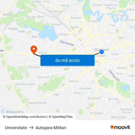 Harta de Universitate către Autogara Militari