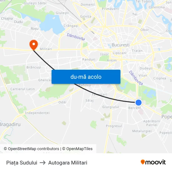 Harta de Piața Sudului către Autogara Militari