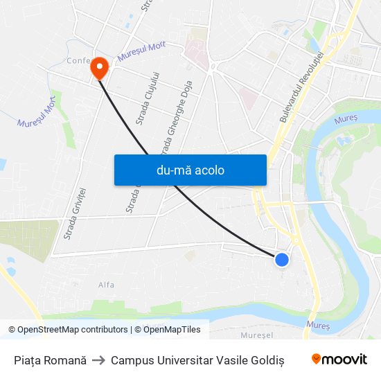 Harta de Piața Romană către Campus Universitar Vasile Goldiș