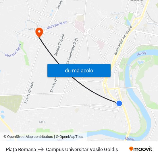 Harta de Piața Romană către Campus Universitar Vasile Goldiș