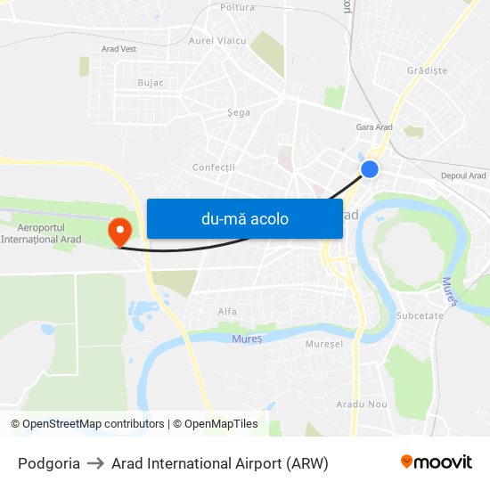 Harta de Podgoria către Arad International Airport (ARW)