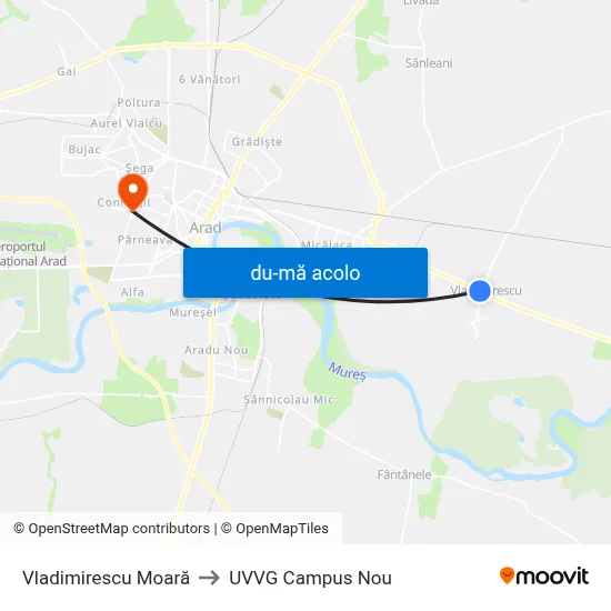 Harta de Vladimirescu Moară către UVVG Campus Nou