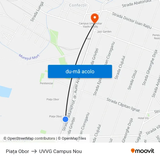 Harta de Piața Obor către UVVG Campus Nou