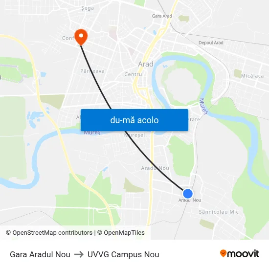Harta de Gara Aradul Nou către UVVG Campus Nou