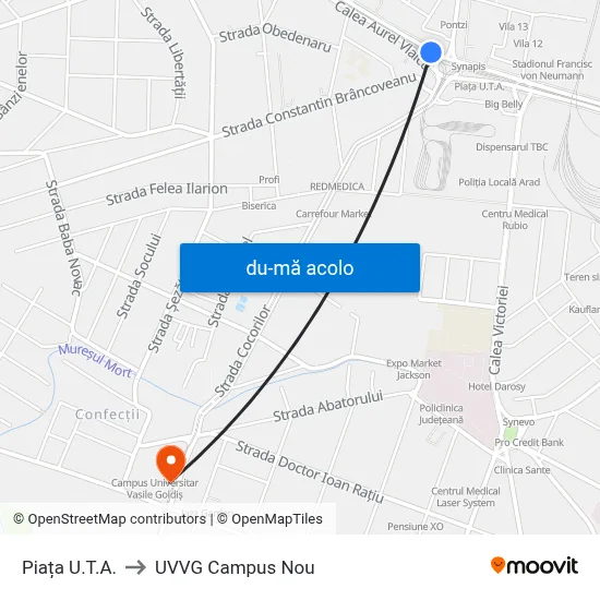 Harta de Piața U.T.A. către UVVG Campus Nou