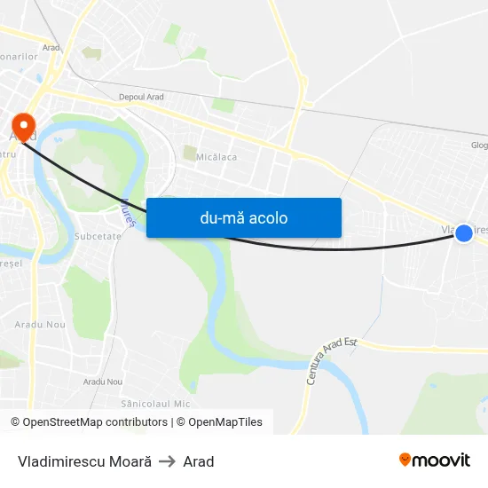 Harta de Vladimirescu Moară către Arad