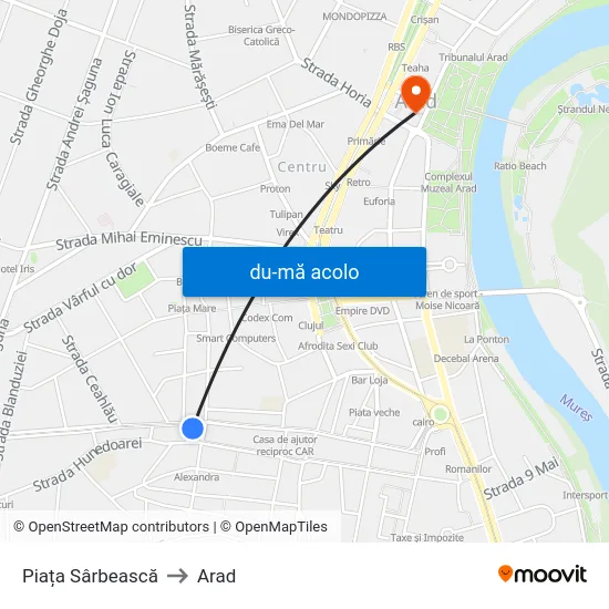 Harta de Piața Sârbească către Arad