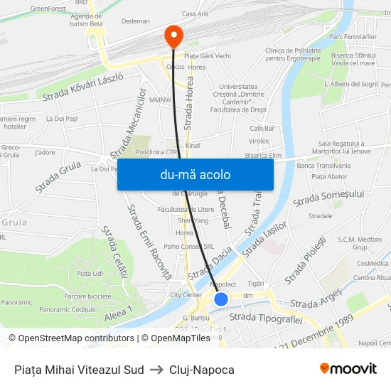 Harta de Piața Mihai Viteazul Sud către Cluj-Napoca