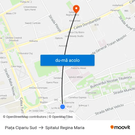 Harta de Piața Cipariu Sud către Spitalul Regina Maria