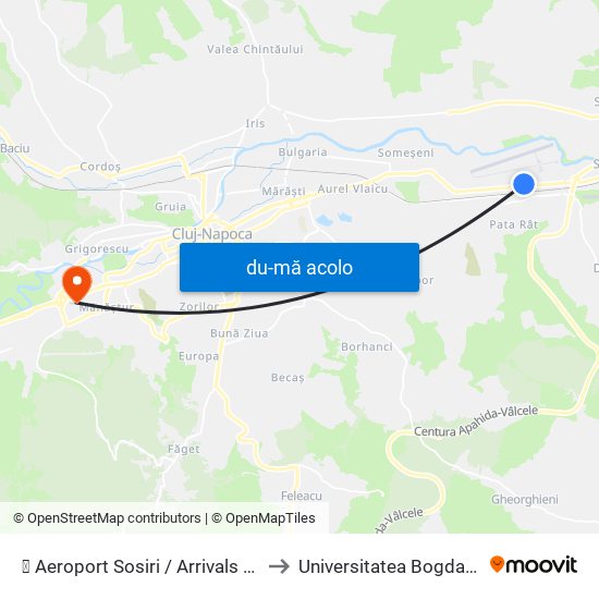 Harta de ✈ Aeroport Sosiri / Arrivals Terminal către Universitatea Bogdan Vodă