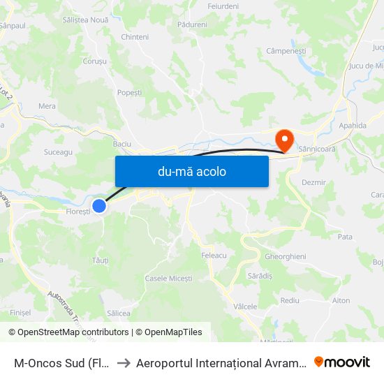 Harta de M-Oncos Sud (Florești) către Aeroportul Internațional Avram Iancu Cluj