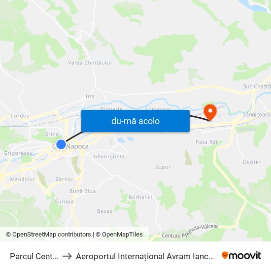 Harta de Parcul Central către Aeroportul Internațional Avram Iancu Cluj
