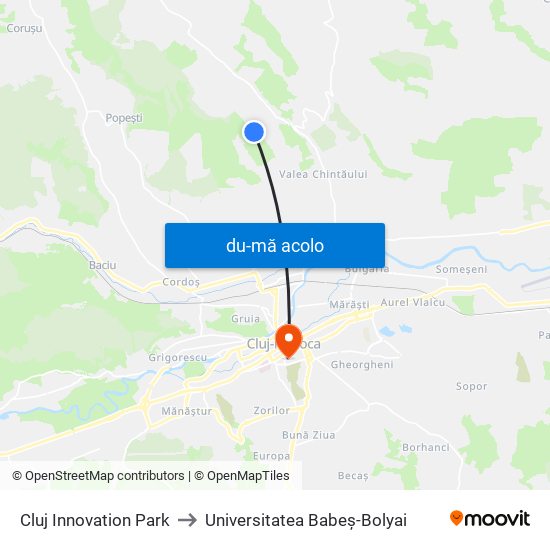 Harta de Cluj Innovation Park către Universitatea Babeș-Bolyai