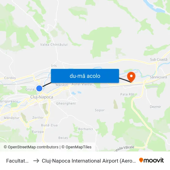 Harta de Facultatea De Litere către Cluj-Napoca International Airport (Aeroportul Internațional Avram Iancu Cluj)
