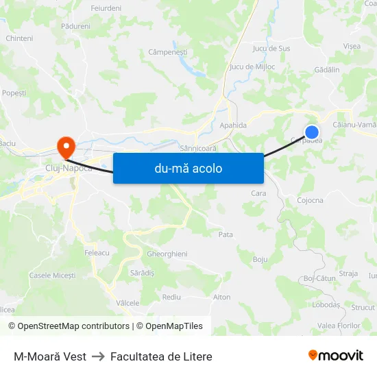Harta de M-Moară Vest către Facultatea de Litere
