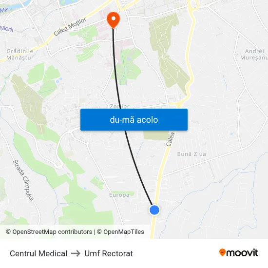 Harta de Centrul Medical către Umf Rectorat