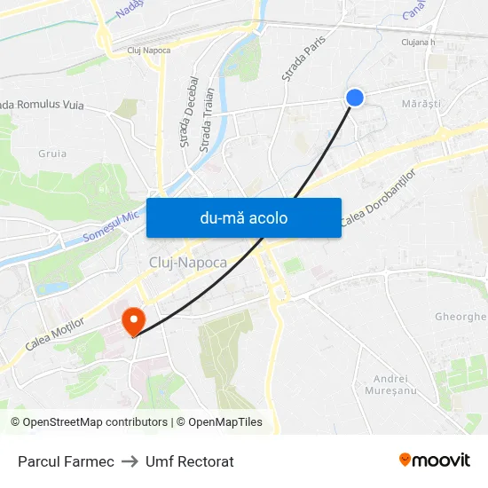 Harta de Parcul Farmec către Umf Rectorat