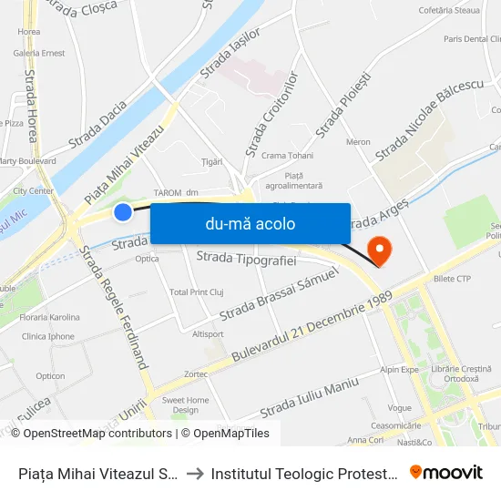 Harta de Piața Mihai Viteazul Sud către Institutul Teologic Protestant