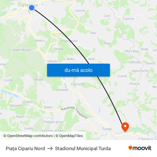 Harta de Piața Cipariu Nord către Stadionul Municipal Turda