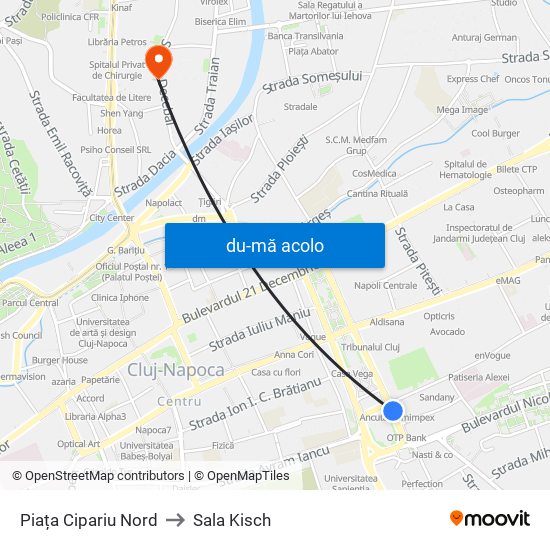 Harta de Piața Cipariu Nord către Sala Kisch