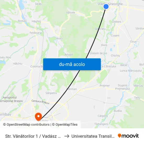 Harta de Str. Vânătorilor 1 /  Vadász Utca 1 către Universitatea Transilvania