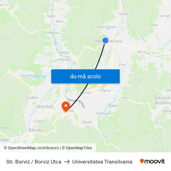 Harta de Str. Borvíz / Borvíz Utca către Universitatea Transilvania