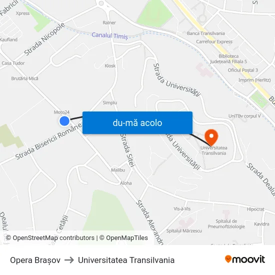 Harta de Opera Brașov către Universitatea Transilvania