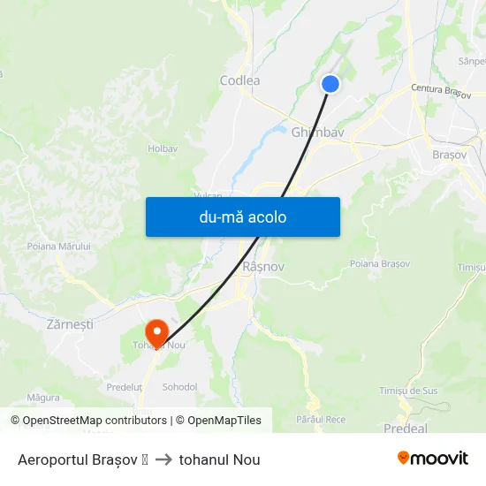 Harta de Aeroportul Brașov ✈ către tohanul Nou