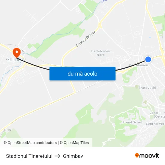 Harta de Stadionul Tineretului către Ghimbav