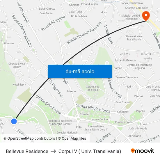 Harta de Bellevue Residence către Corpul V ( Univ. Transilvania)