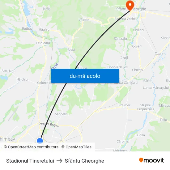 Harta de Stadionul Tineretului către Sfântu Gheorghe