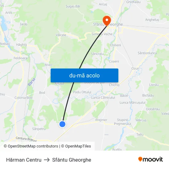 Harta de Hărman Centru către Sfântu Gheorghe