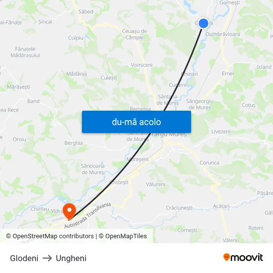 Harta de Glodeni către Ungheni