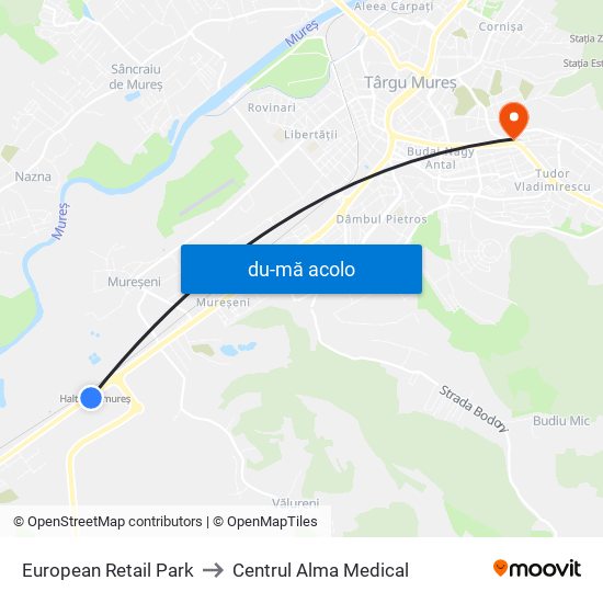 Harta de European Retail Park către Centrul Alma Medical