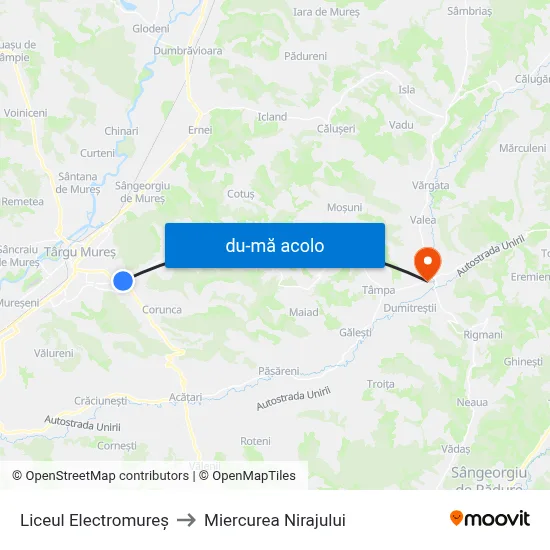 Harta de Liceul Electromureș către Miercurea Nirajului
