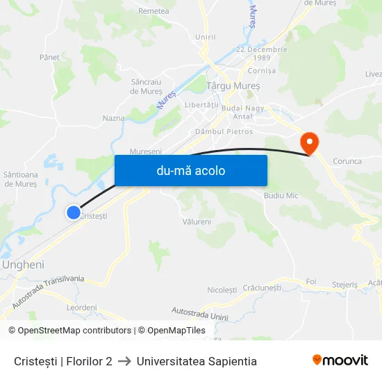 Harta de Cristești | Florilor 2 către Universitatea Sapientia