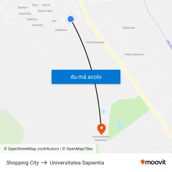 Harta de Shopping City către Universitatea Sapientia
