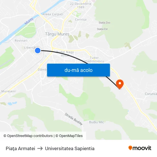 Harta de Piaţa Armatei către Universitatea Sapientia