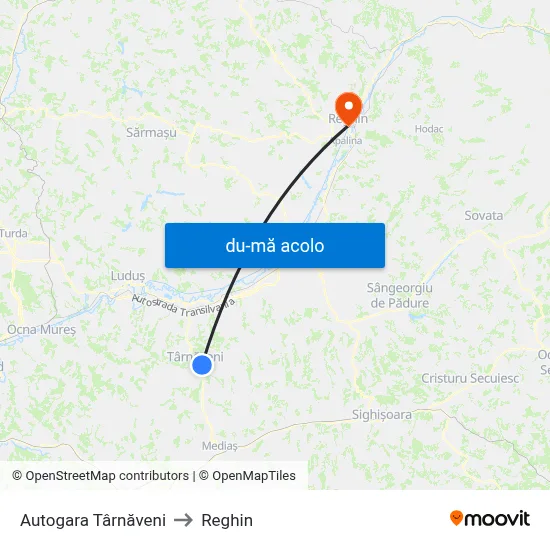 Harta de Autogara Târnăveni către Reghin