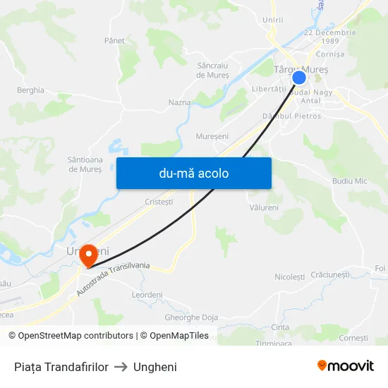 Harta de Piața Trandafirilor către Ungheni