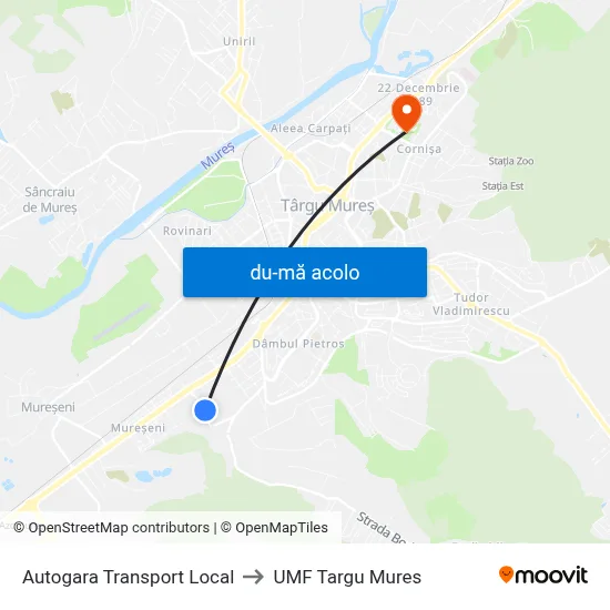 Harta de Autogara Transport Local către UMF Targu Mures