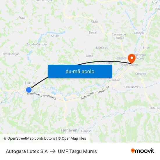 Harta de Autogara Lutex S.A către UMF Targu Mures
