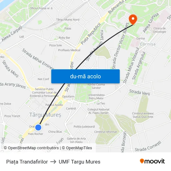 Harta de Piața Trandafirilor către UMF Targu Mures