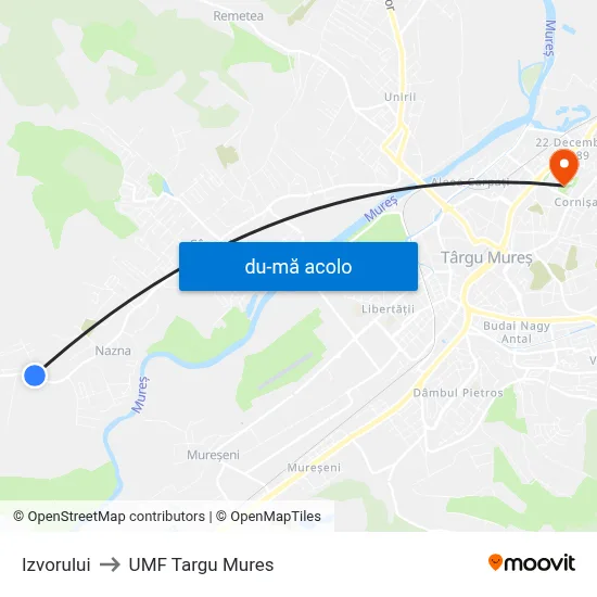 Harta de Izvorului către UMF Targu Mures