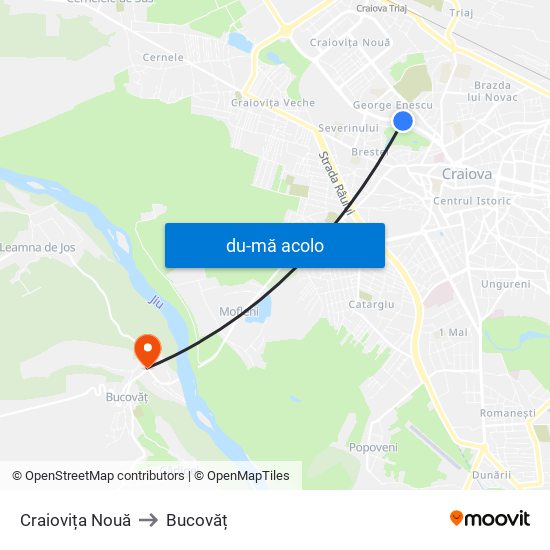 Harta de Craiovița Nouă către Bucovăț