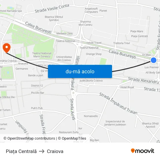 Harta de Piața Centrală către Craiova